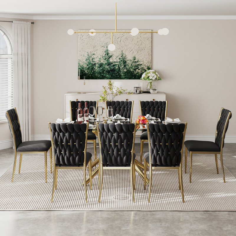 71 Inch Modern Luxury Rectangular Dining Table Set, Tempered Glass Top With Metal Base, Velvet Upholstered Chairs With Gold Metal Legs, 6/7/9 Piece Kitchen & Dining Set For Dining Room, Living Room, Restaurant, Breakfast Nook, Contemporary Glam Furniture