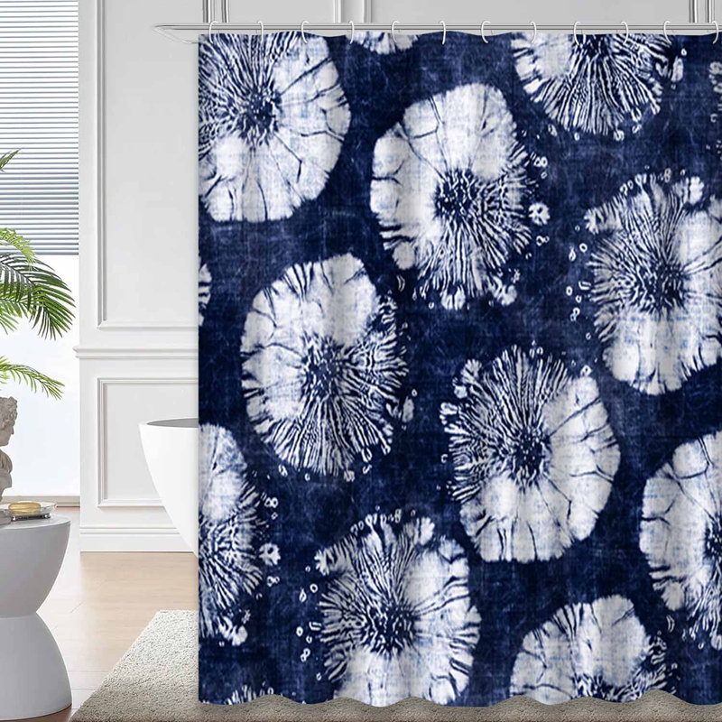 Abstract Floral Dot Motif White Navy Shower Curtain with 12 Hooks, 72" L x 78" W