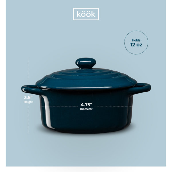 Kook 4-Pc Mini Cocotte Casserole Dish with Lid Stoneware Kitchen Set, Aqua  