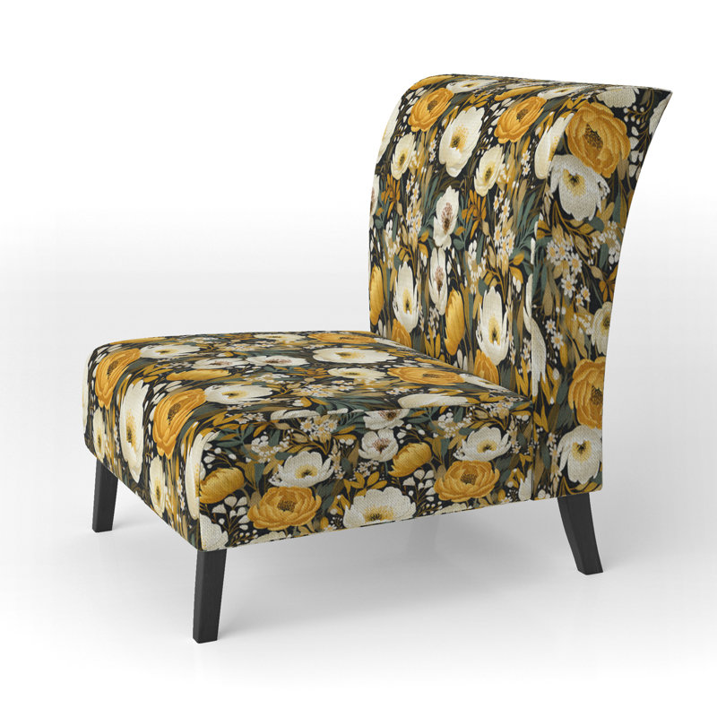Yellow Bohemian Bliss Floral Pattern - Velvet Upholstered Farmhouse Slipper Chair, Yellow Accent Chair