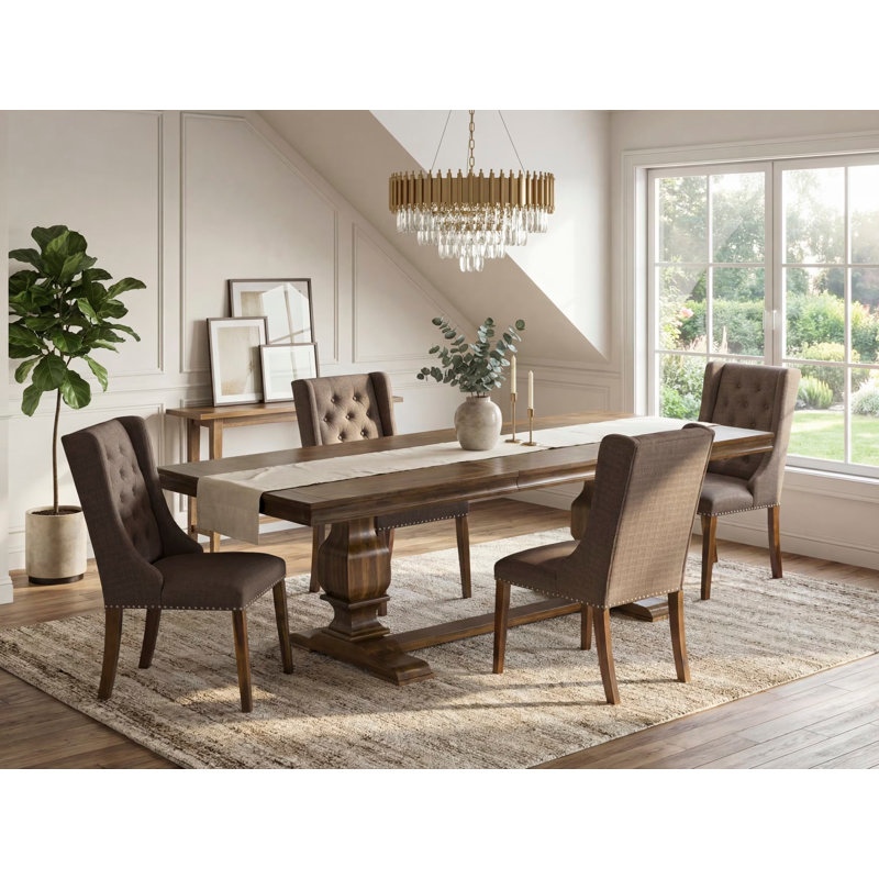 L'ensemble de table de salle à manger 5 pièces comprend une table de cuisine et 4 chaises de cuisine en tissu de lin brun avec dossier capitonné - finition noyer antique.
