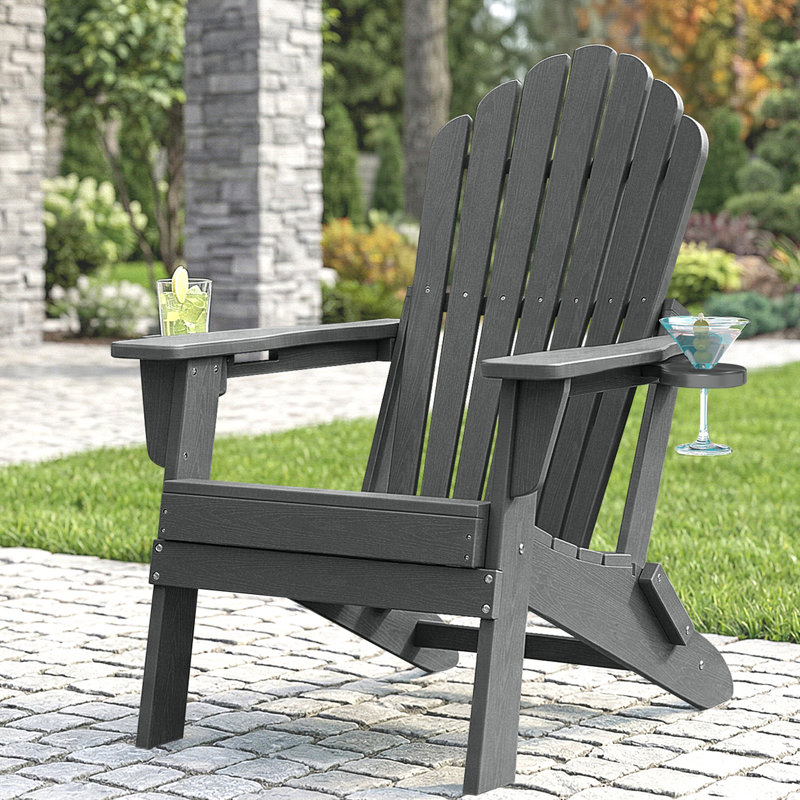 Folding HDPE Adirondack Chair with Dual Cup Holders – All-Weather Outdoor Patio Chair, Gray