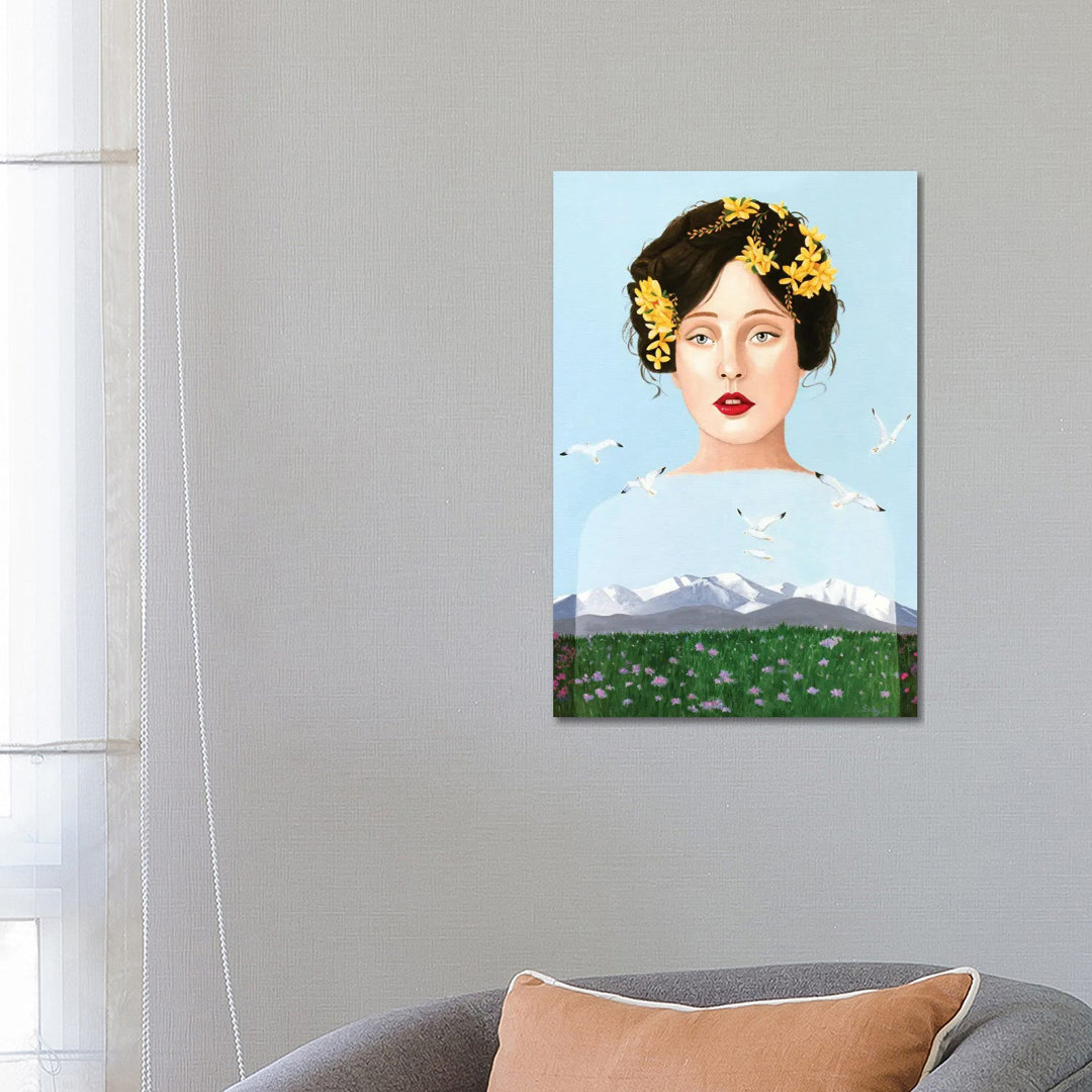 Lady Mountain With Seagulls And Flower Field von Sally B - Gallery-Wrapped Canvas Giclée on Canvas