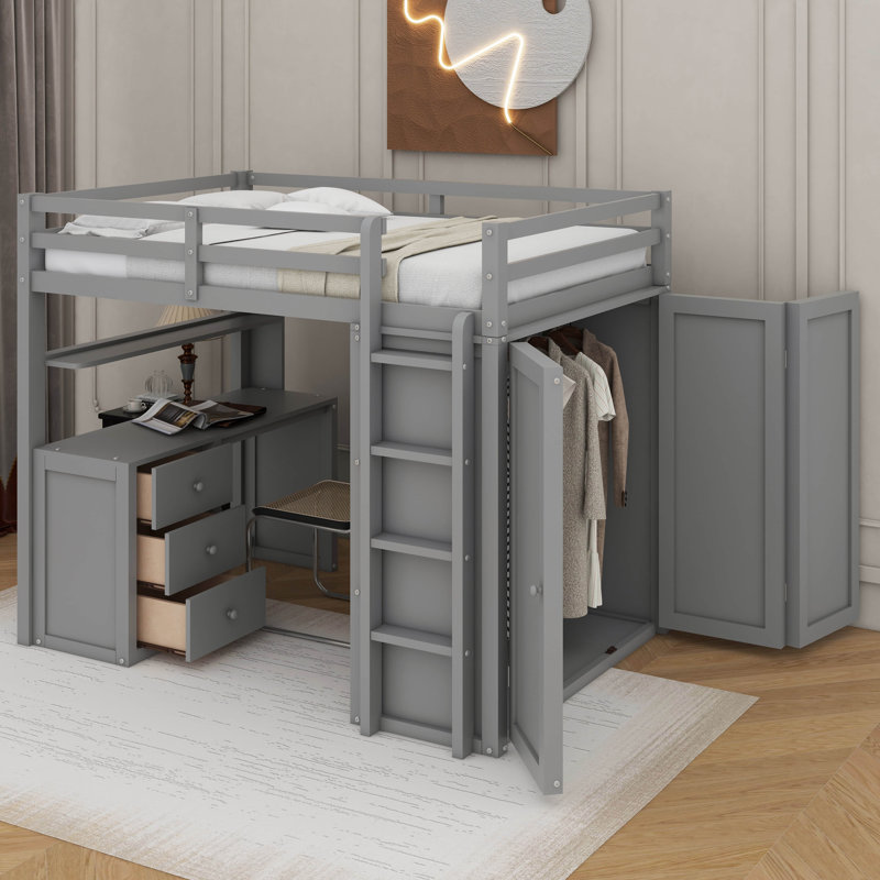 Full Loft Bed With Drawers,Desk And Wardrobe, Gray