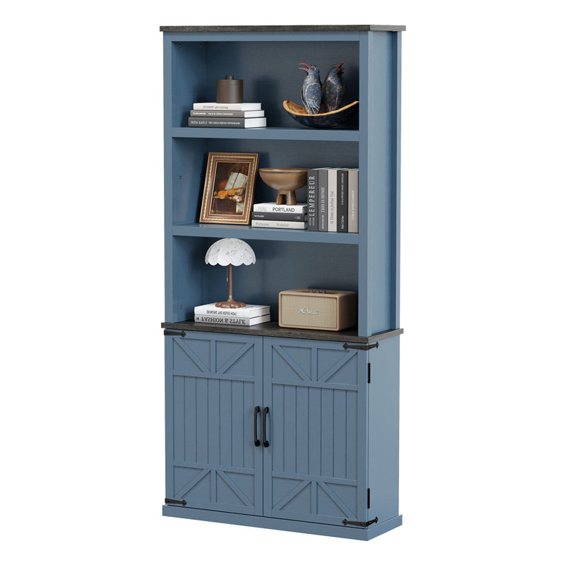 70'' Tall Blue MDF Farmhouse Bookcase with Doors and Shelves