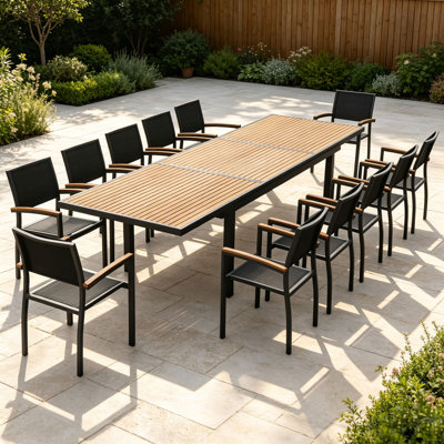 Heck 12 - Person Rectangular Outdoor Dining Set with Extension Teak Tabletop