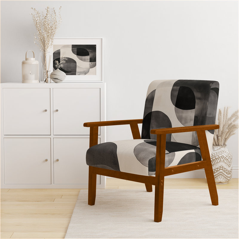 Chaise rembourrée à formes abstraites - Fauteuil à courbes minimalistes noir et blanc, Accoudoirs carrés bruns
