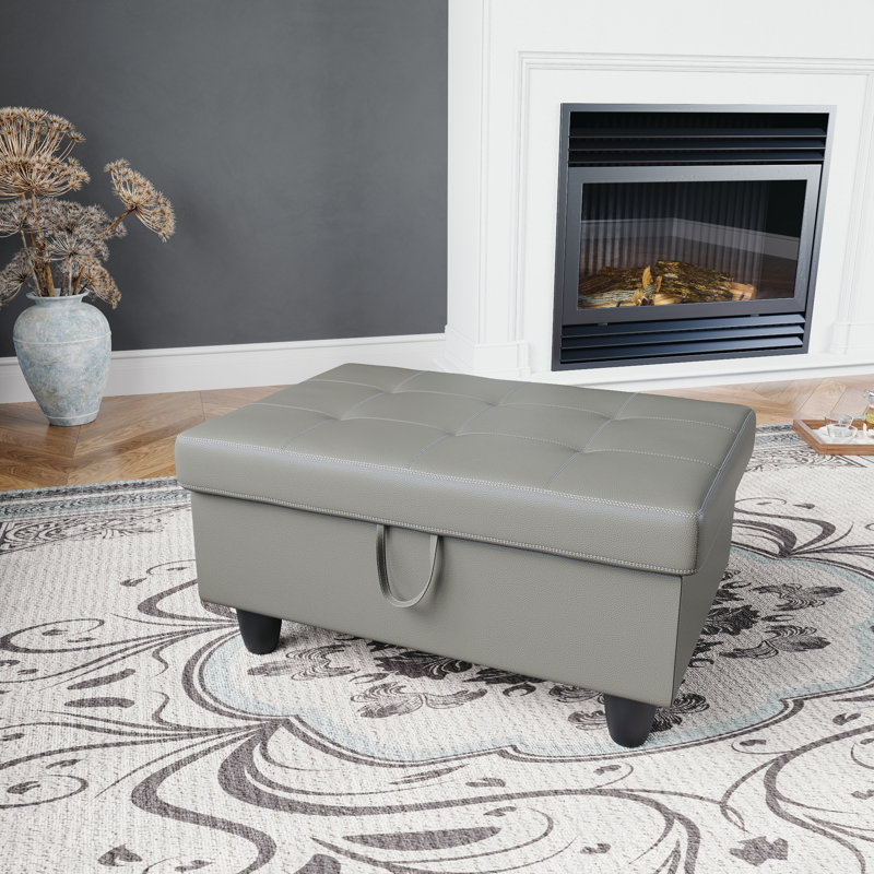 Repose-pieds de rangement rectangulaire en similicuir de 35 po de large Terrion, Argent argent