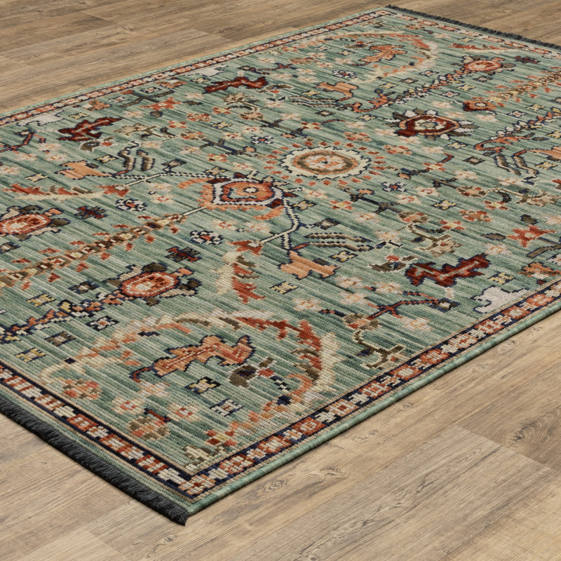 Tapis en laine Tincie, Bleu sarcelle / rouille, Rectangle 5 pi 3 po x 7 pi 6 po