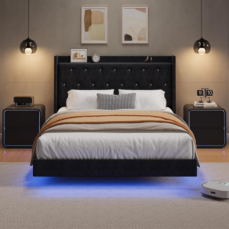 Cadre de lit, cadre de lit double rembourré avec tête de lit capitonnée en cristal, lumières DEL et tablettes de rangement, lit plateforme en métal robuste et silencieux
