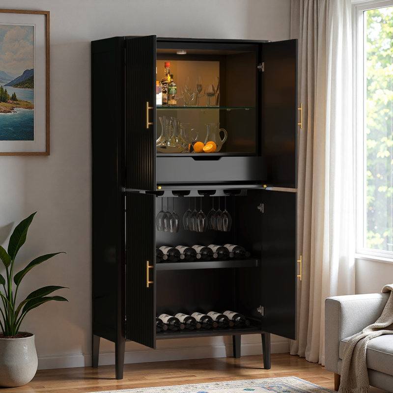 Modern Fluted Wine Cabinet With Glass Display, Stemware Rack, Drawer, Adjustable Shelves And Built-in Led Lighting, Black