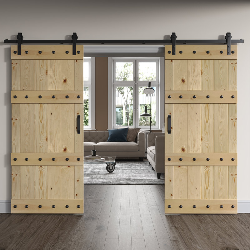 Porte de grange coulissante double en bois de pin avec trousse de quincaillerie Castle Series, Brut, 72 po x 84 po