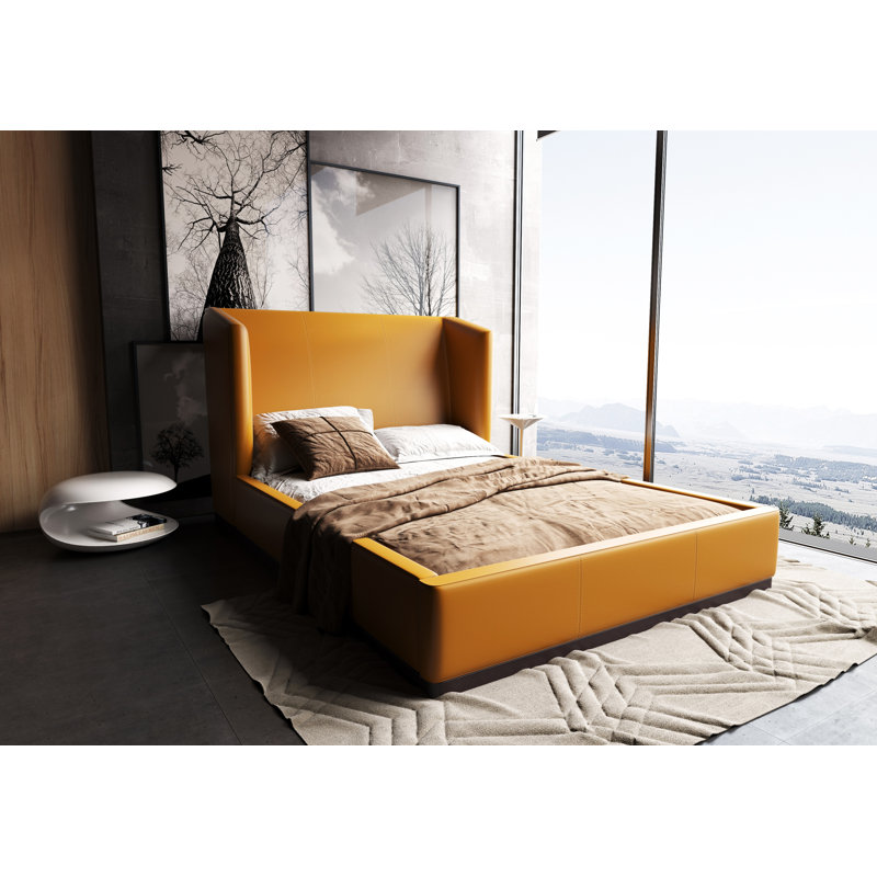 Lenyx Vegan Leather Upholstered Low Profile Platform Bed in Saddle Brown, Queen, Saddle