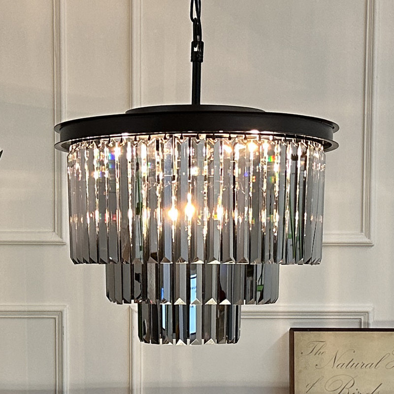 6-Lights Modern 3-Tier Round Fringe Crystal Chandelier, Black/Smoke