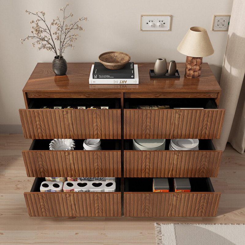 Mid-Century Modern Fluted 6-Drawer Sideboard, Walnut Finish