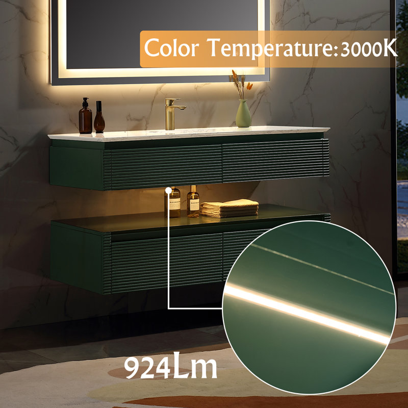 48" Floating Bathroom Vanity, Engineered Stone Top, 2 Soft-Close Drawers, LED Light, Green