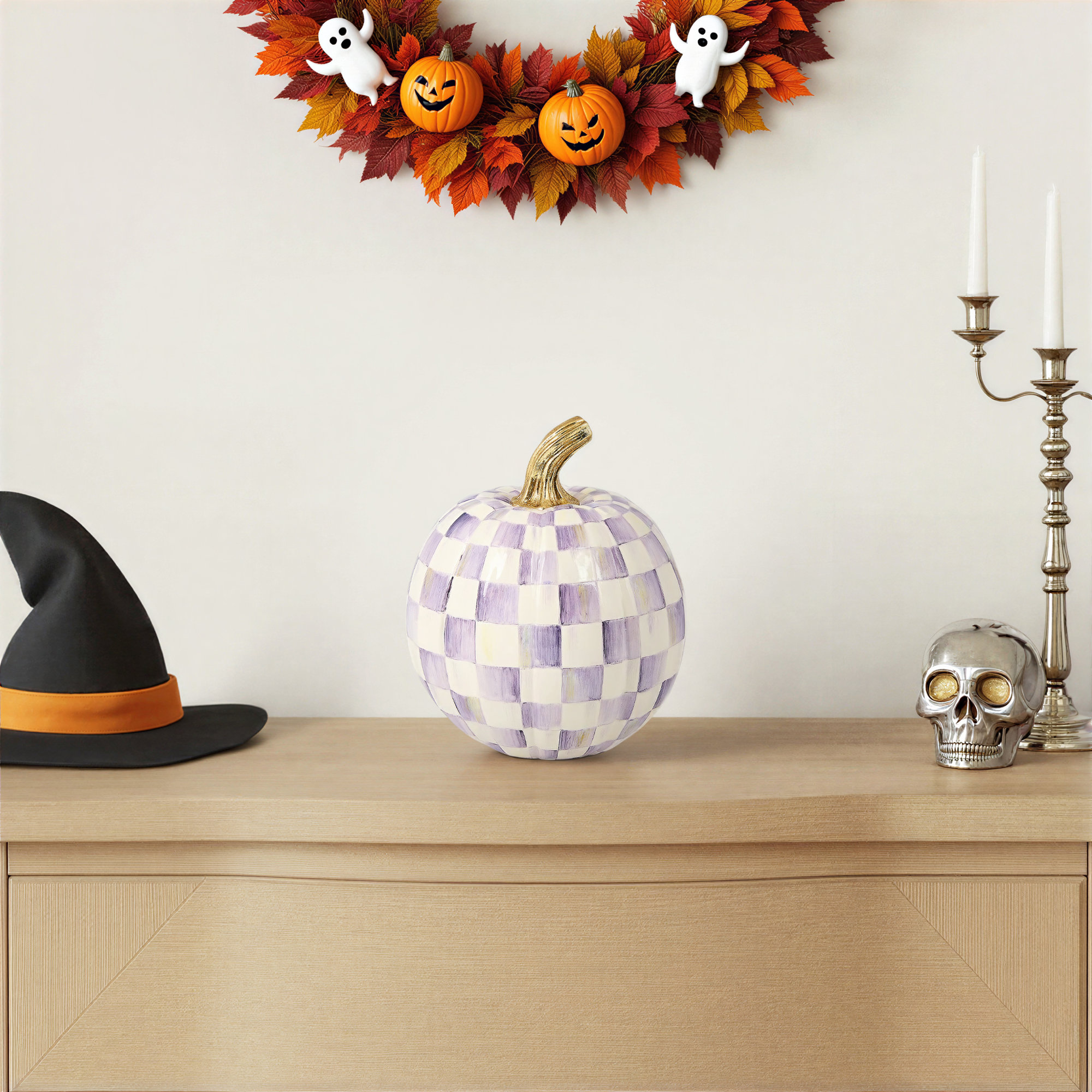 Violet Check Cascade Floral Pumpkin, Light Green, 8" H x 7" W x 7" D