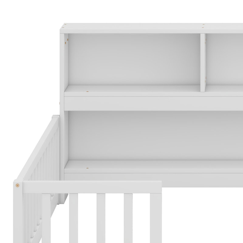 Floor Bed With Side Bookcase,Shelves,Guardrails, White