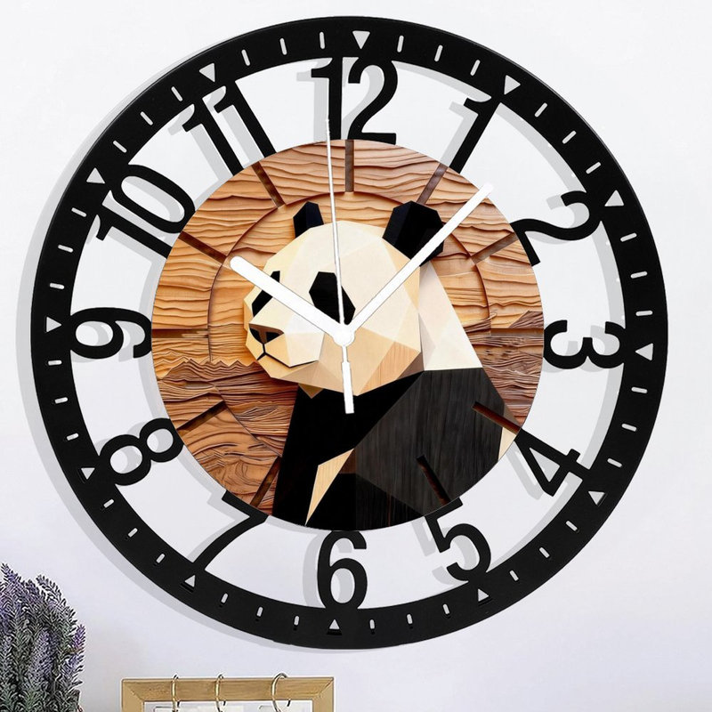Horloge murale ronde en fer 10 po avec mouvement à quartz silencieux, chiffres arabes, impression UV, Panda