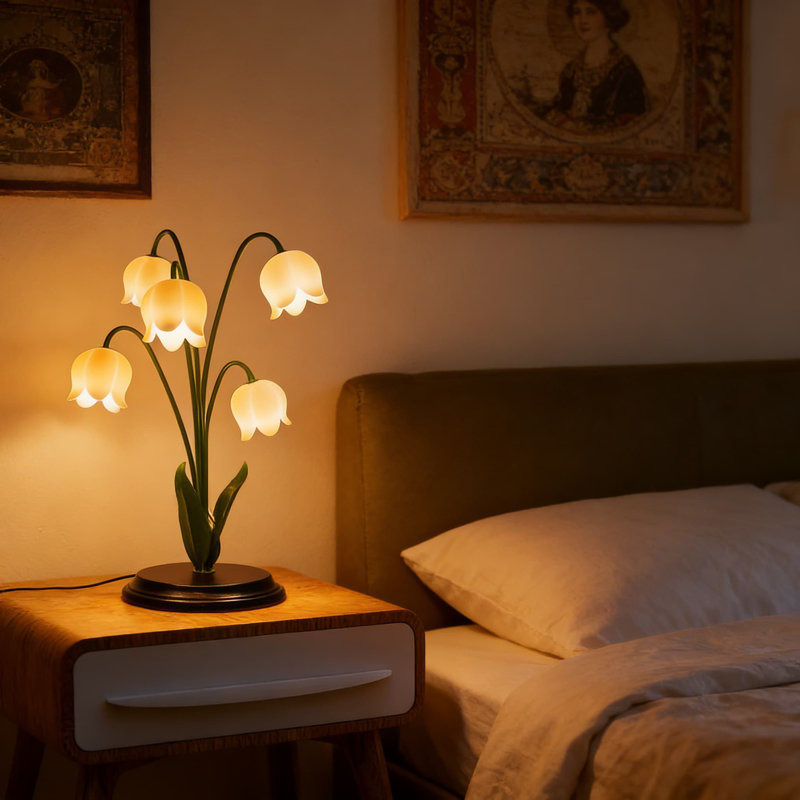 Lampe de table avec télécommande Lily-of-the-Valley - Veilleuse à intensité variable avec 5 fleurs réalistes, base en bois, élégante chambre à coucher