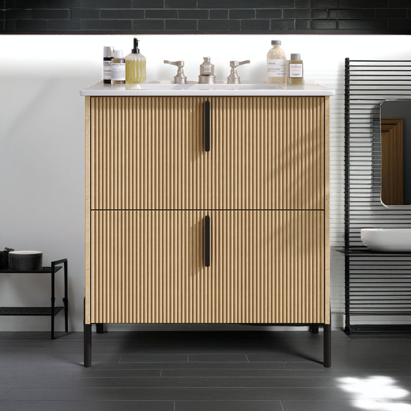 Meuble-lavabo avec lavabo en céramique Hurlburt, Brun