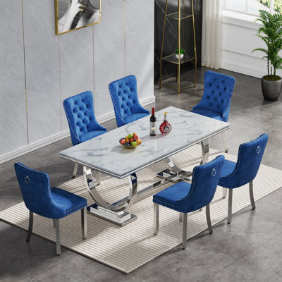 68.11" Marble Dining Table, Luxurious Marble Table Dining with Printed Faux Marble Tabletop and O-Shape Stainless Steel Pedestal, Modern Kitchen Dinin