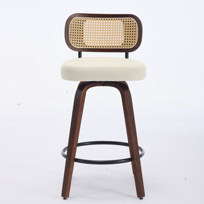 Set Of 2 Counter Height Bar Stools - Rattan Counter Height Stools With Cane Back, Upholstered Seat, Walnut Craftsmanship, Swivel Counter Stools For Island/Kitchen/Counter/Bar (Walnut /Beige)