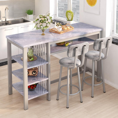 Modern 3-Piece Bar Table Set with PU Cushion Stools & 3-Tier Storage