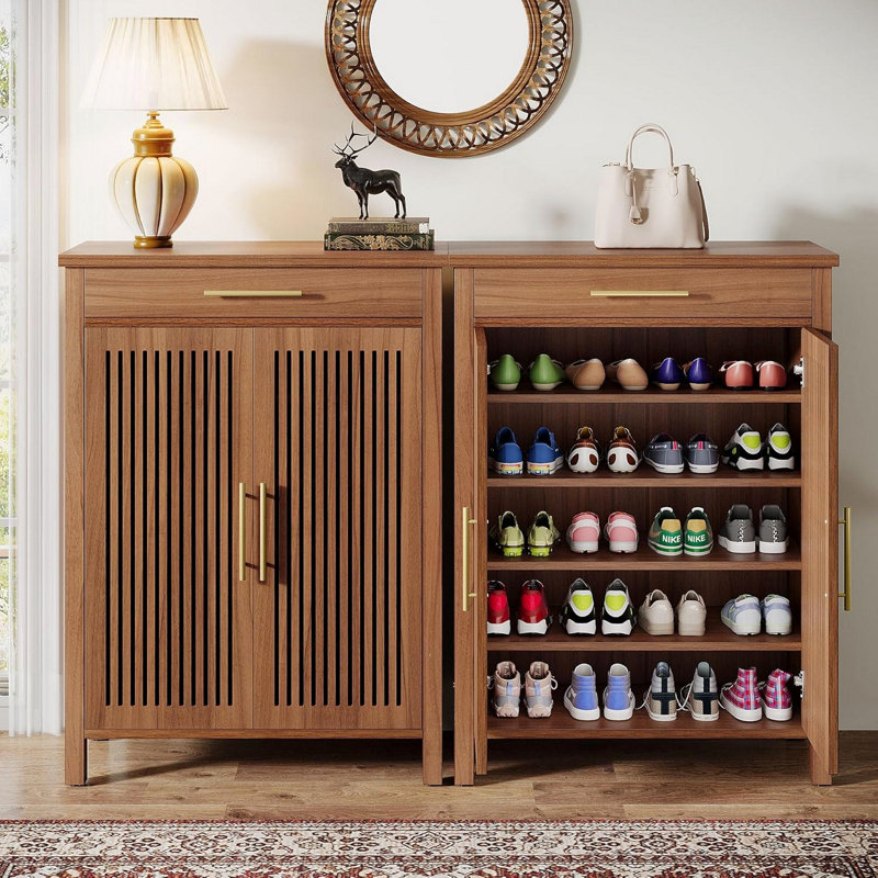 Shoe Cabinet, 5-Tier Shoe Storage Cabinet With Louvered Doors And Drawer, Freestanding Wooden Shoe Rack Organizer With Adjustable Shelves For Entryway, Hallway, Closet, Brown