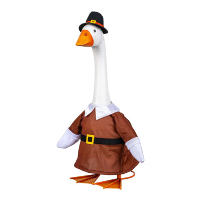 Giddy The Goose, Metal Porch Statue With Pilgrim Boy Outfit, 21in. H