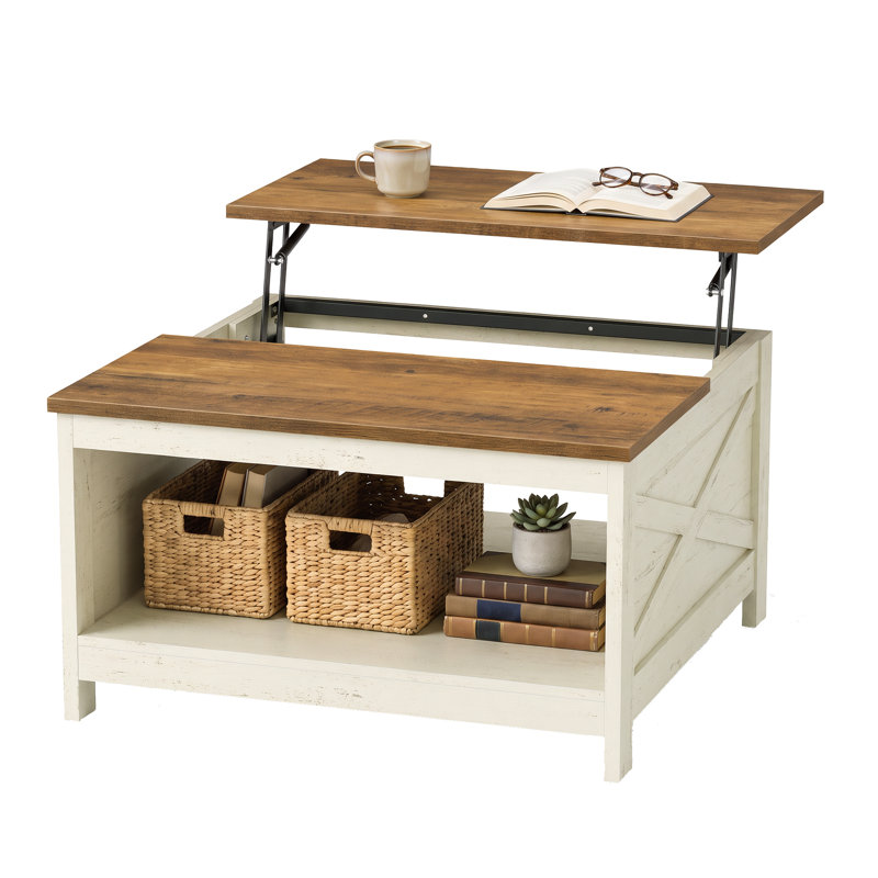 Table basse à plateau relevable Farmhouse, White, Open cubby