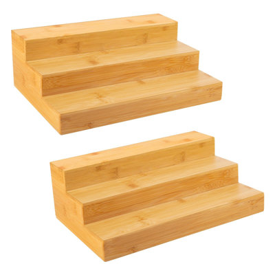 Bamboo Spice Rack Organizer For Cabinet, Countertop Step Shelf, Seasoning Storage Stand For Kitchen Pantry, Spice Holder For Jars Bottles Cans, 3 Tier, 2 Pack, (Natural)