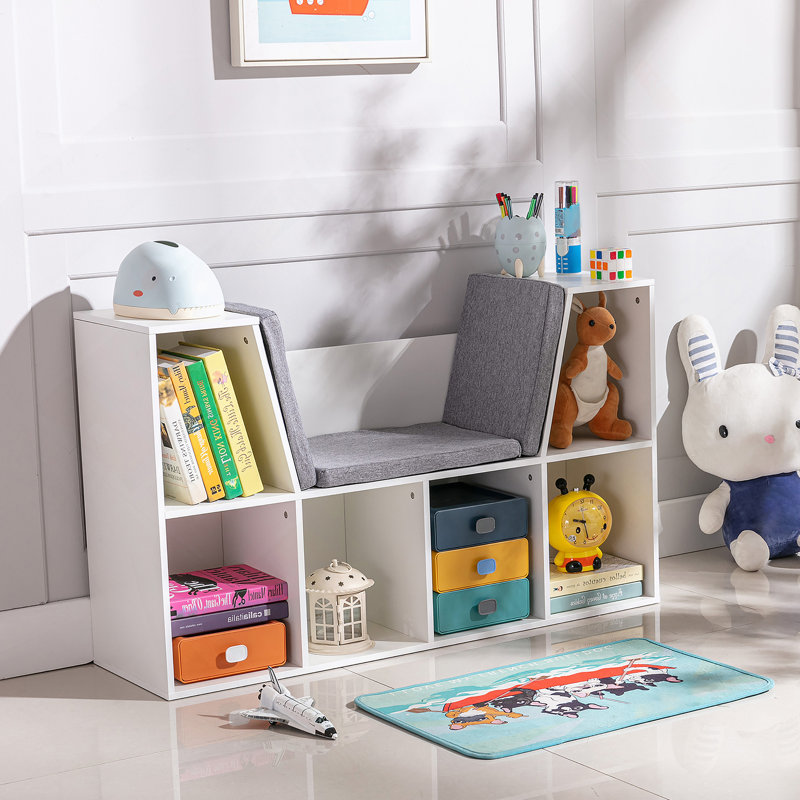Bibliothèque pour 6 enfants avec coin lecture et coussin, rangement polyvalent pour la chambre à coucher, le salon, Pure