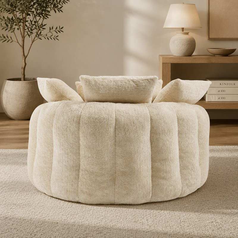 Fauteuil de 55 po en mousse de polyester, chaise ronde surdimensionnée avec coussins, Beige