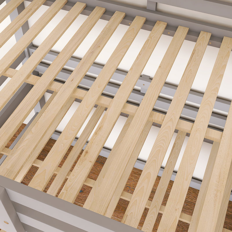 Lit superposé triple à structure en bois avec escalier de rangement, Gris, Lit double