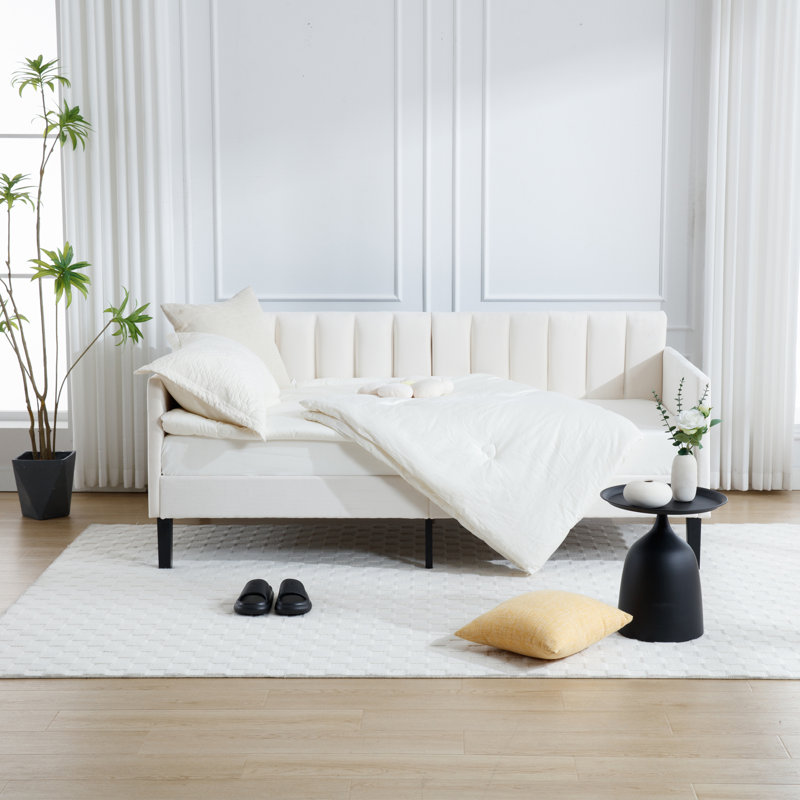 Eleanor Twin Size Beige Velvet Upholstered Daybed, Twin, Ivory  