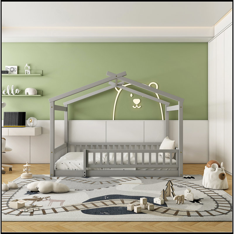 Cadre de lit en bois avec clôture, Gris, Lit double