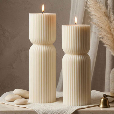 Aesthetic Sandalwood Scented Ribbed Pillar Candle Set of 2 (7.87" & 9.05"), Natural Soy Wax Minimalist Geometric Decor, Modern Fluted Sculptural Candles for Home, Shelf, Mantel & Gifting
