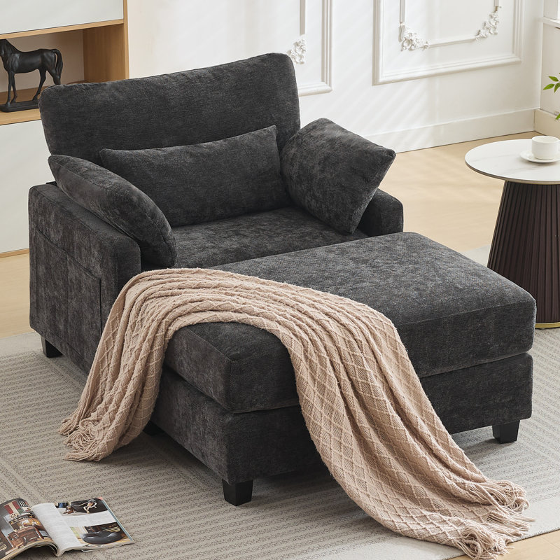 37.8" W Upholstered Chenille Armchair with Ottoman, Gray