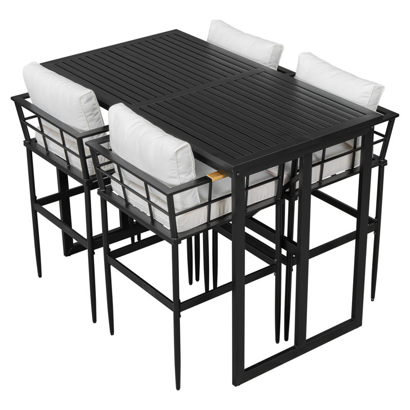 Iron Outdoor Dining Set With Acacia Wood Armrest Suitable For Patio, Balcony Or Backyard, White