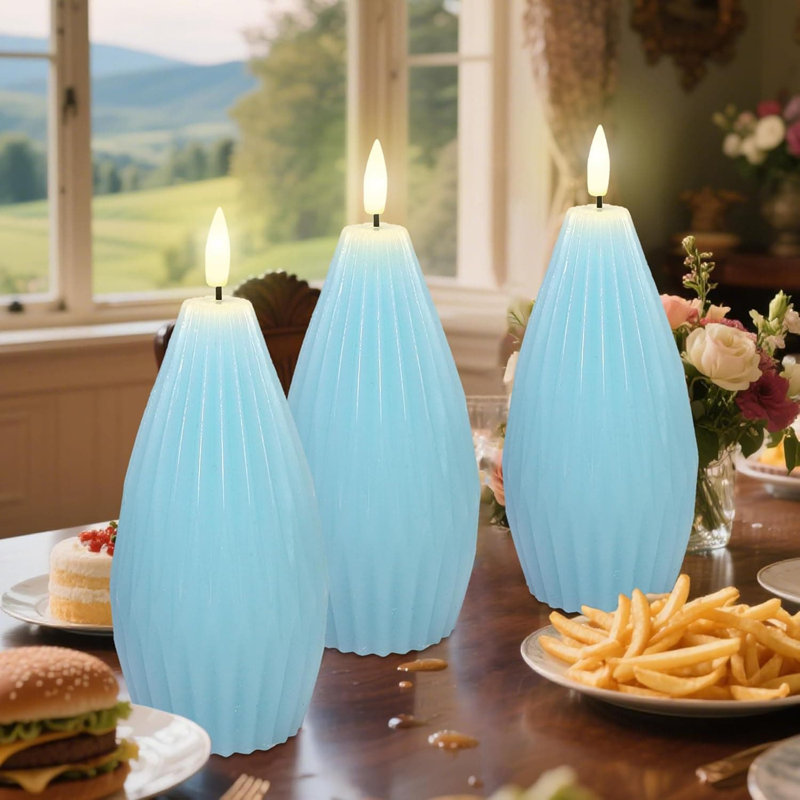 3 Pack Ivory Irregular Flameless Candles: Remote & Timer, Real Wax Flicker, Battery Operated, for Home Party, Wedding, ‎Blue