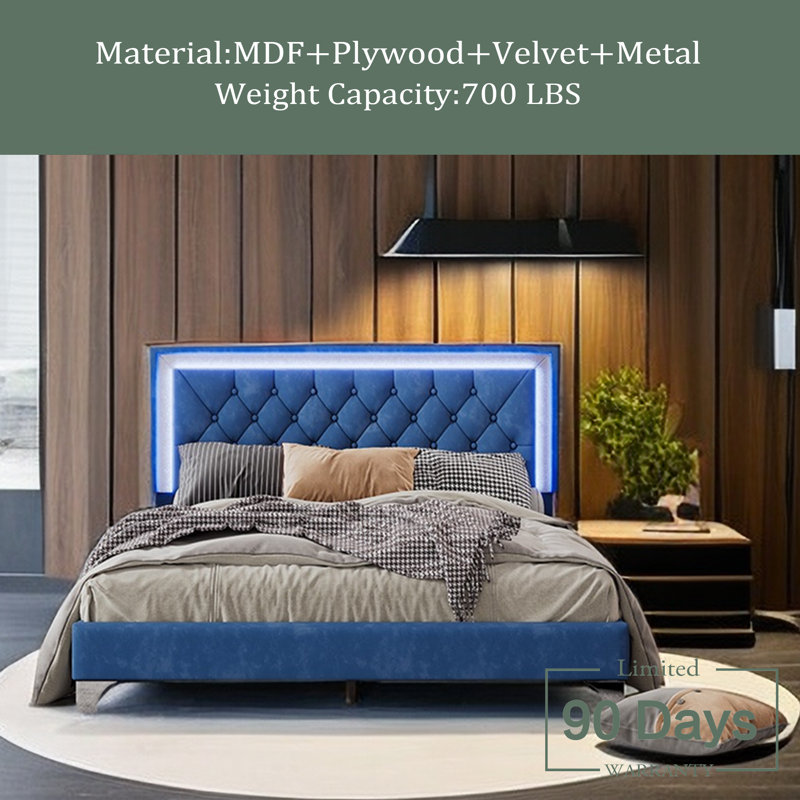 Lit plateforme tapissier Krystallo, Bleu