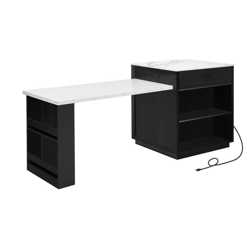 Kitchen Island With Extendable Dining Table, Black/Faux White Marble