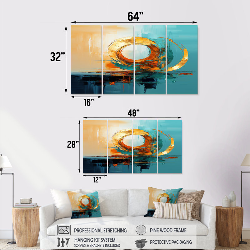 Golden Horizon - toile abstraite d'art mural, 4 pièces, H 32 po x l 64 po