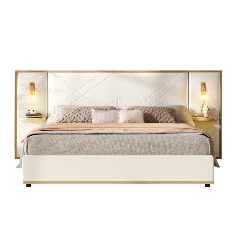 Calviano Upholstered Platform Bed With Wingback Headboard, LED Lighting, And Storage Side Panels, King, Beige