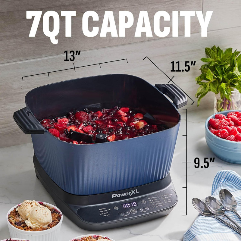 Multicuiseur numérique PowerXL Stirmax bleu 7,5 pintes avec pagaie automatique pour mélanger et déchiqueter, préréglages programmables 9 en 1 pour faire sauter, saisir et faire brunir les aliments avant de les faire mijoter