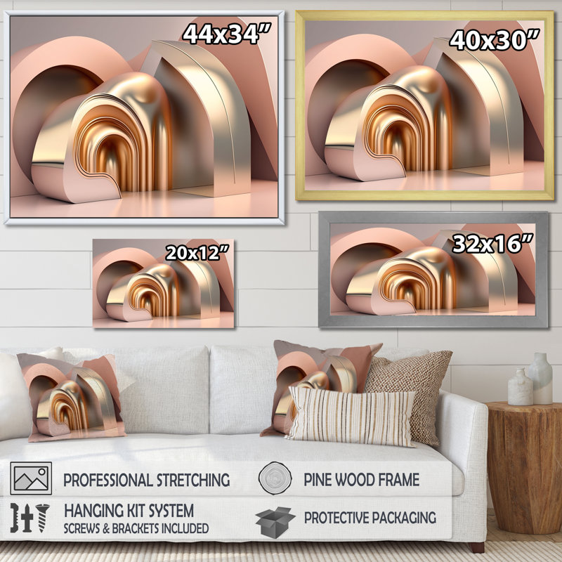 Futuriste architecture minimaliste rose I - salon d'art mural architecture futuriste, 34" H x 44" W, Cadre flottant noir