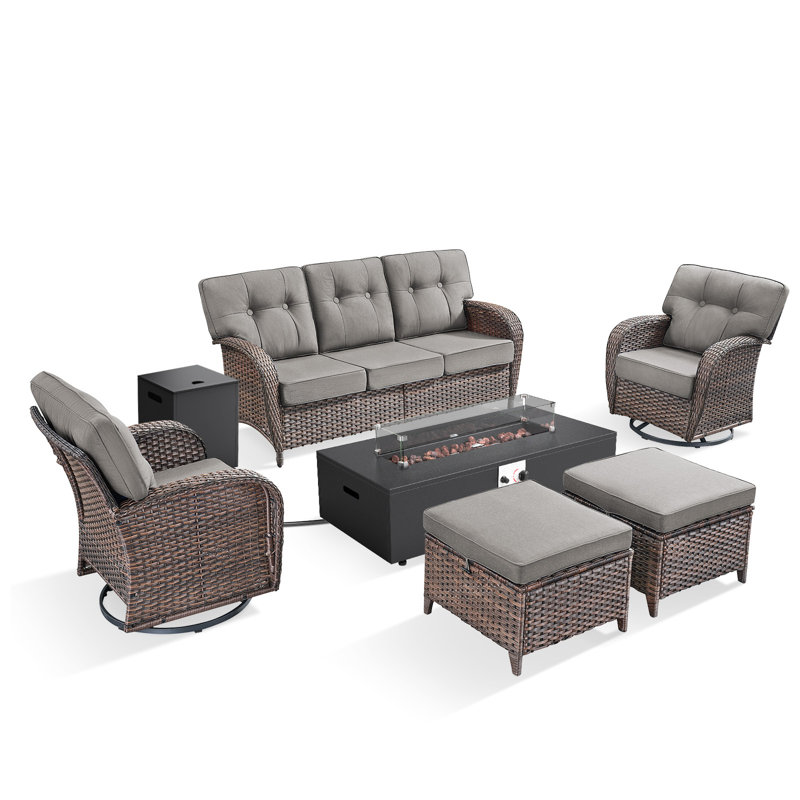 Bruner 6-Piece Wicker Rattan Patio Conversation Set With Swivel Gliders, Outdoor Split Fire Pit Table And Ottomans