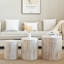 Ensemble de 3 tables basses rondes en bois, tables de bout, supports à plantes et pièces décoratives - finition bois blanchi
