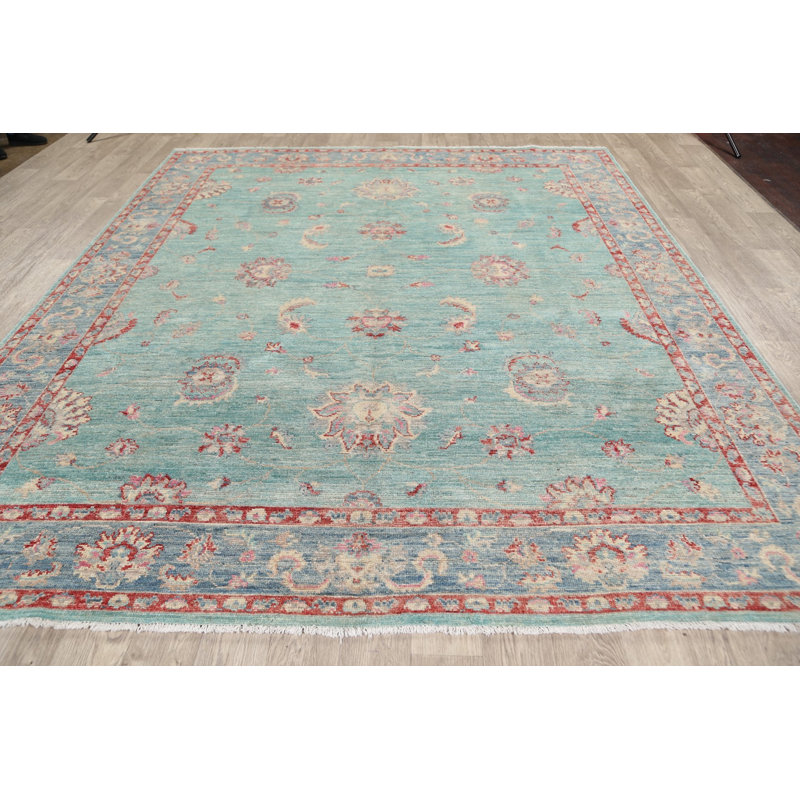 Tapis unique en laine noué à la main Oushak nouvel âge de 8 pi 3 po x 9 pi 7 po bleu